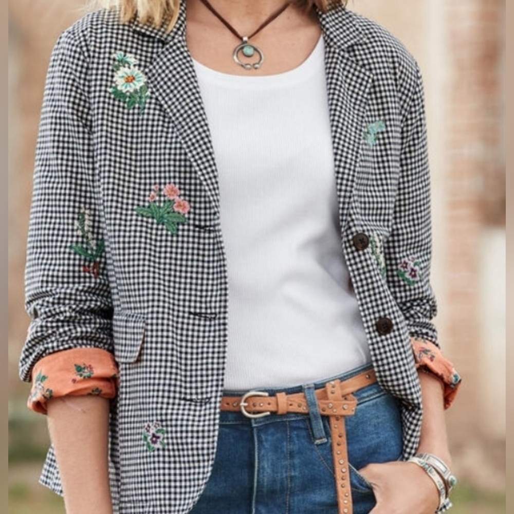 Sundance Womens Tansy Gingham Floral Embroidered Linen Blend Blazer - Size Small